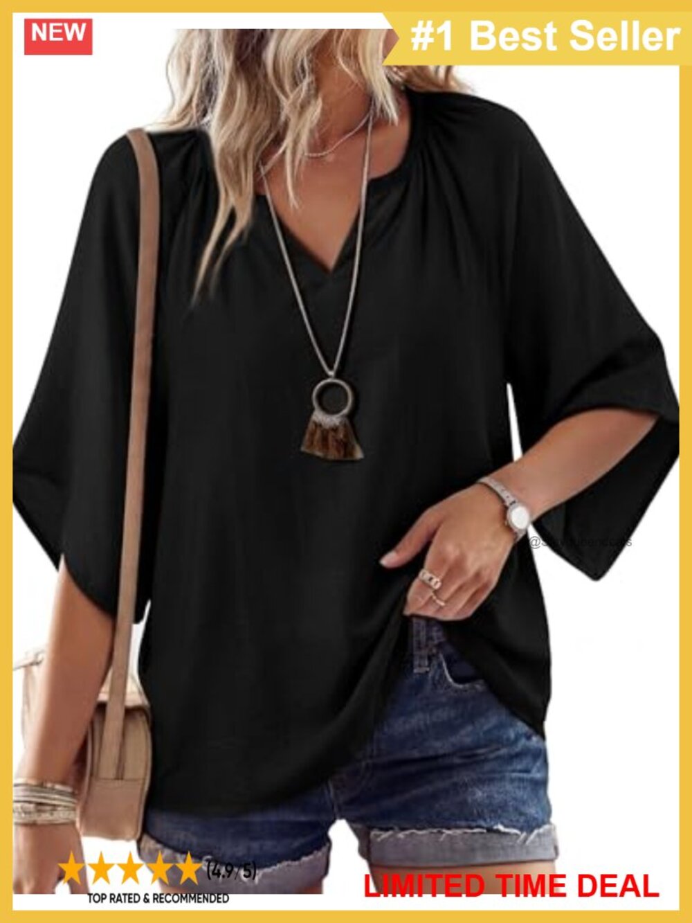 Women's 3/4 Bell Sleeve V Neck Boho Peasant Tunic Blouse